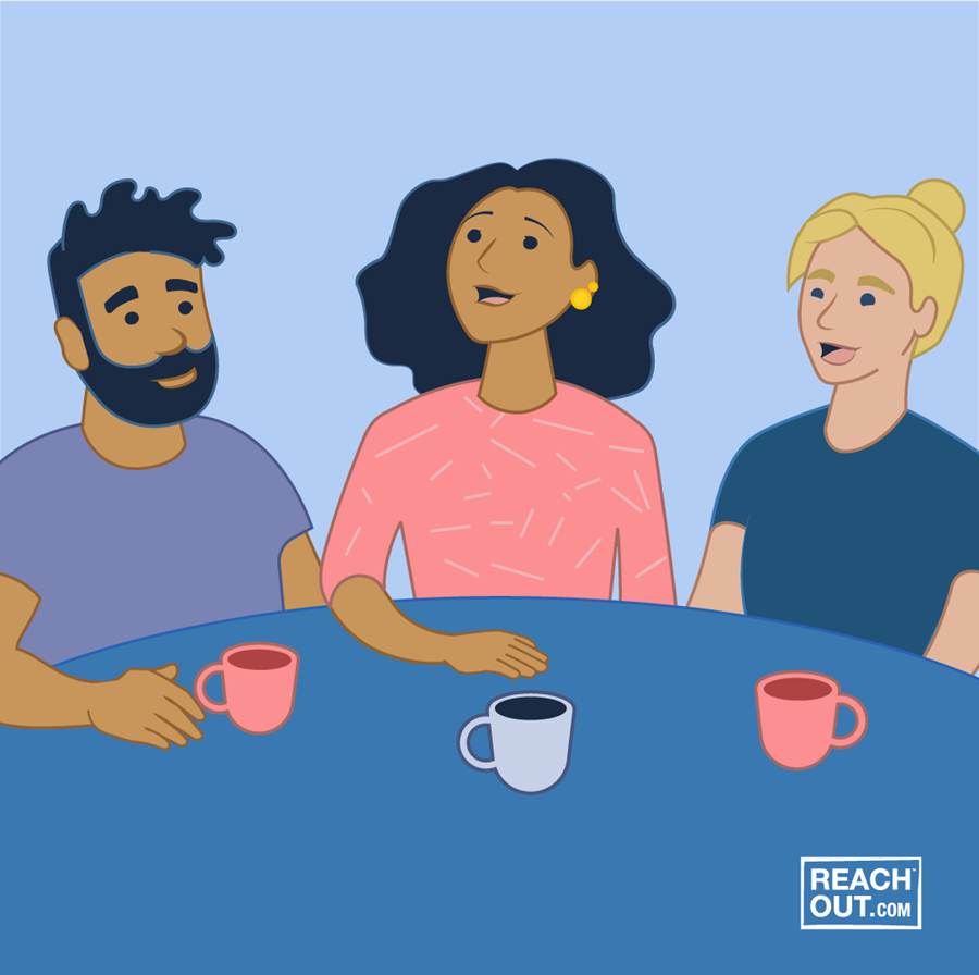 illustration of three young people chatting at a table