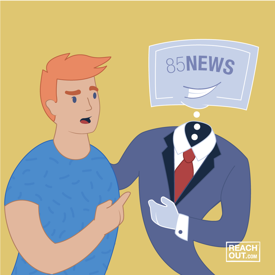 illustration of young guy questioning what the news is telling him