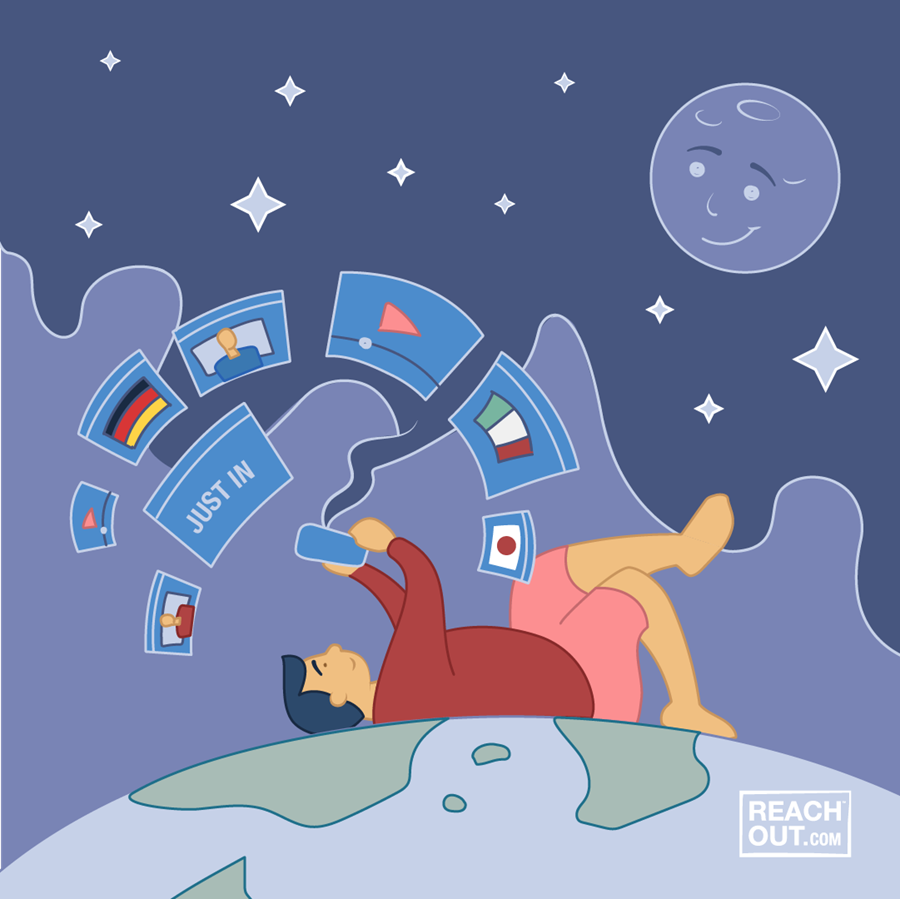 illustration of young person lying on top of world globe and looking at different news sources