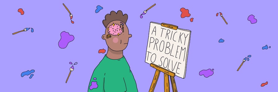 Purple banner with illustration of person with short brown hair and green t-shirt looking at art easel that says 'A TRICKY PROBLEM TO SOLVE' and paintbrushes and paint splatters around them.